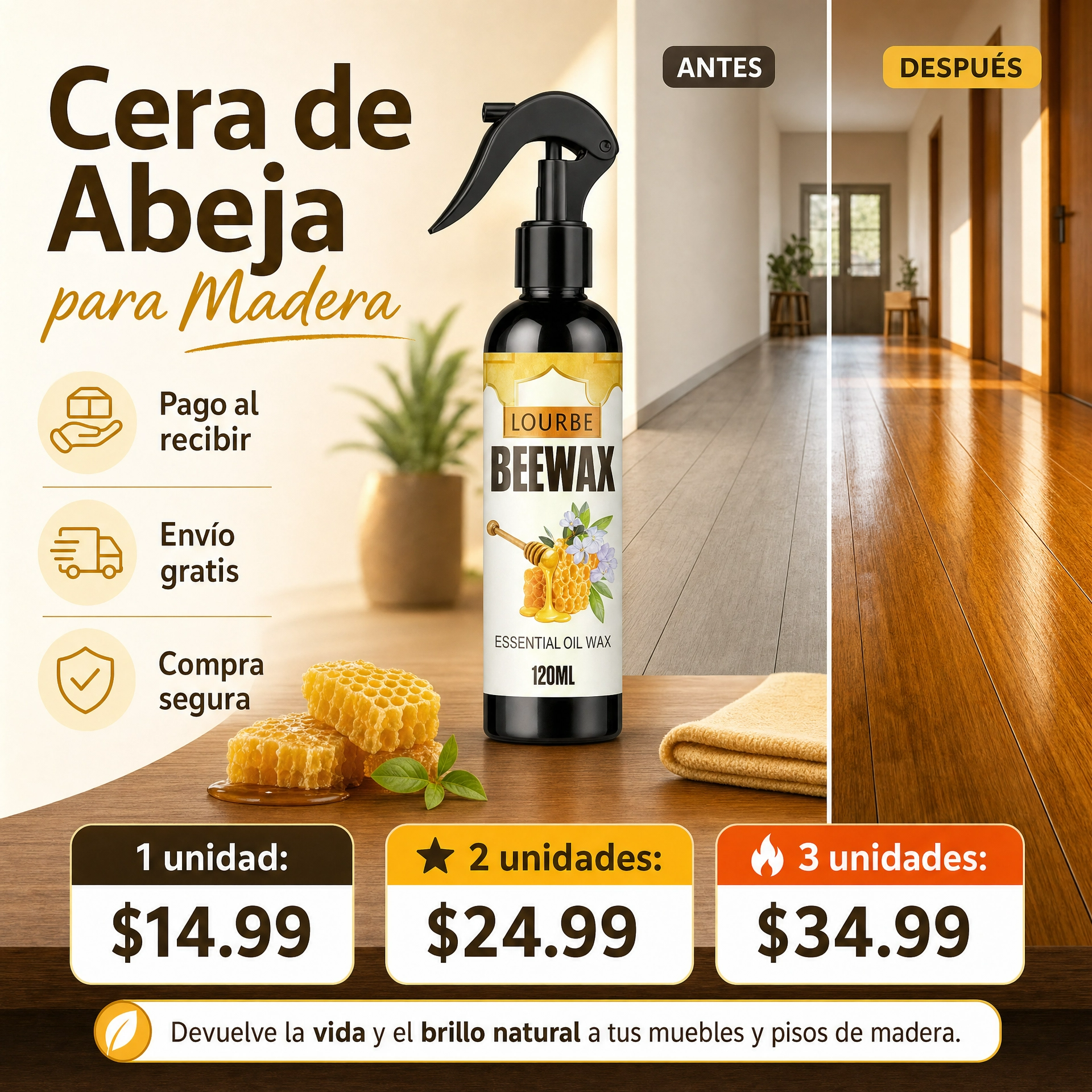 CERA PREMIUM PARA MUEBLES DE MADERA:BRILLO INTENSO Y PROTECCIÓN DURADERA